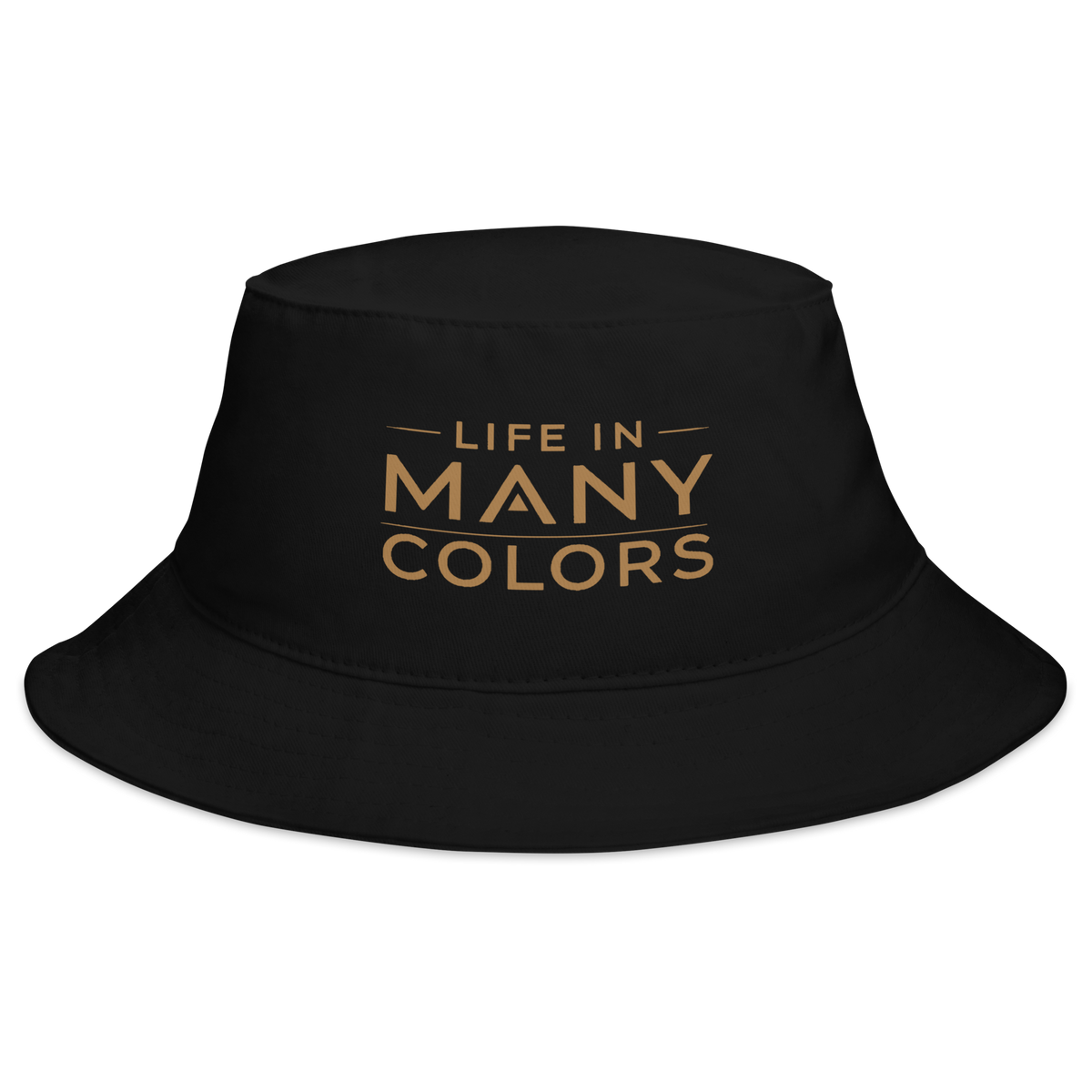 Black cotton twill bucket hat with the Life In Many Colors logo embroidered in gold across the front