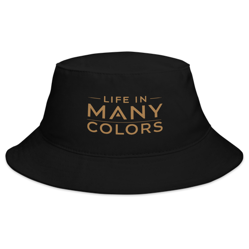 Black cotton twill bucket hat with the Life In Many Colors logo embroidered in gold across the front